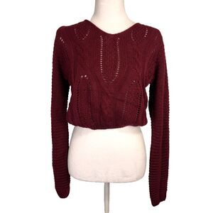NWOT PrettyGuide Women's Cropped Sweater Sz L Burgundy Eyelet Cable Lace Up Back